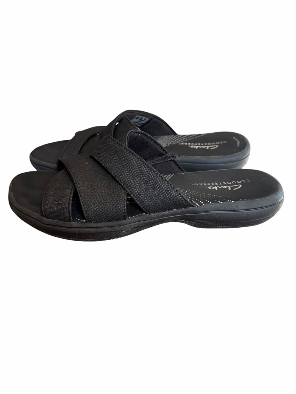 Clark’s Cloudsteppers 6 Black Crisscross Strap Slide Sandals Comfort Slip On